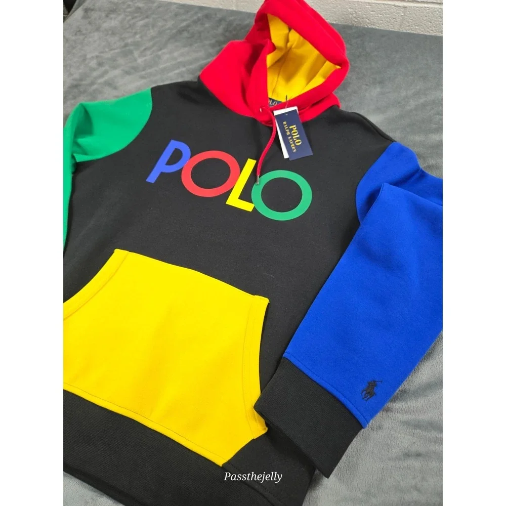 Polo Ralph Lauren Men's Small Black Colorblock Graphic Fleece Hoodie Spellout